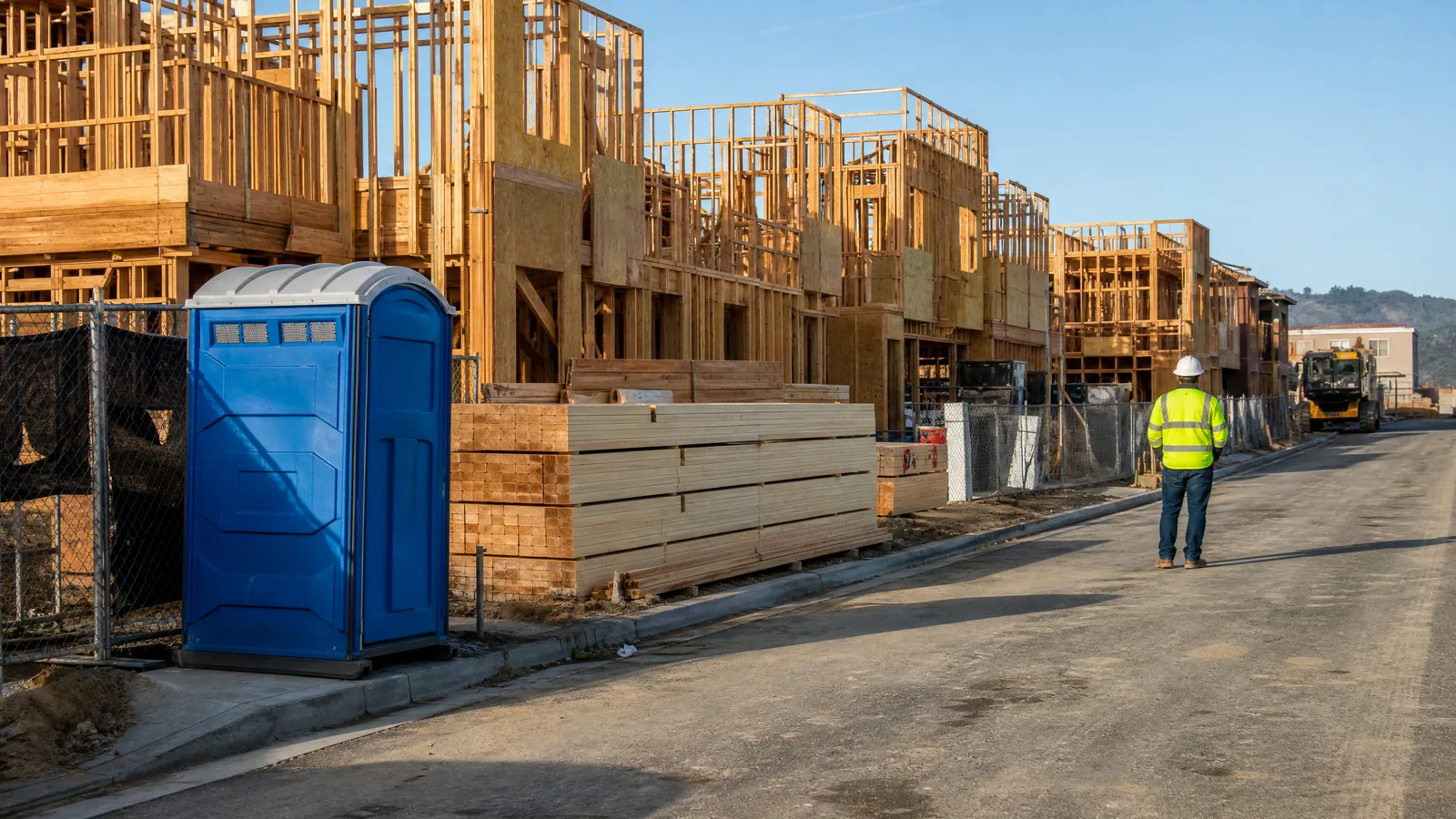 Portable restroom positioned near an active residential construction project.